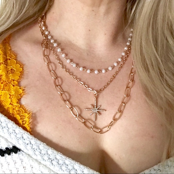 Sun Triple Layered Link Gold Pearl Necklace - Picture 2 of 4